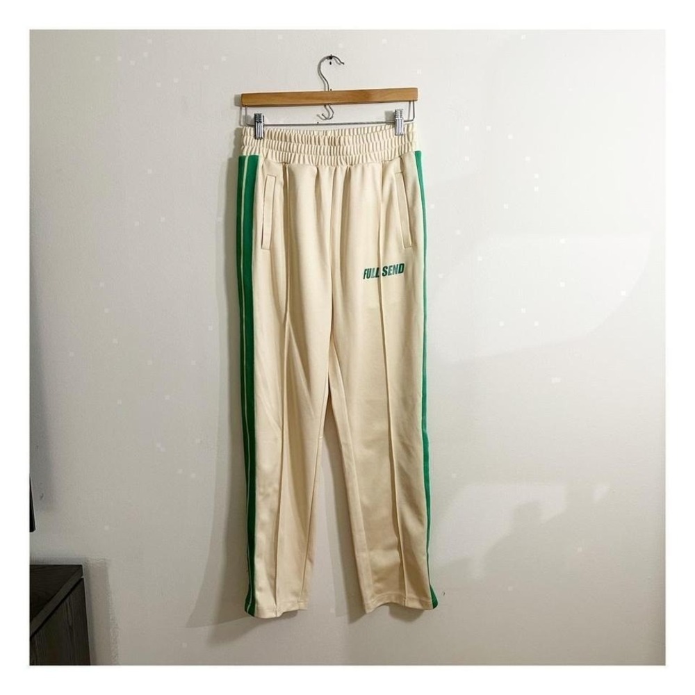 FULL SEND Track‎ Pants Cream Green Side Stripe Elastic Waist Zip Ankle L